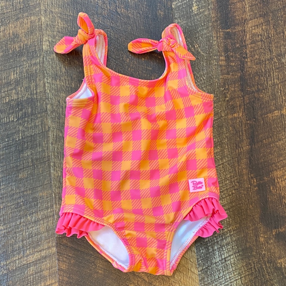 Ruffle Butts Pink and Orange Checkered Swim One Piece